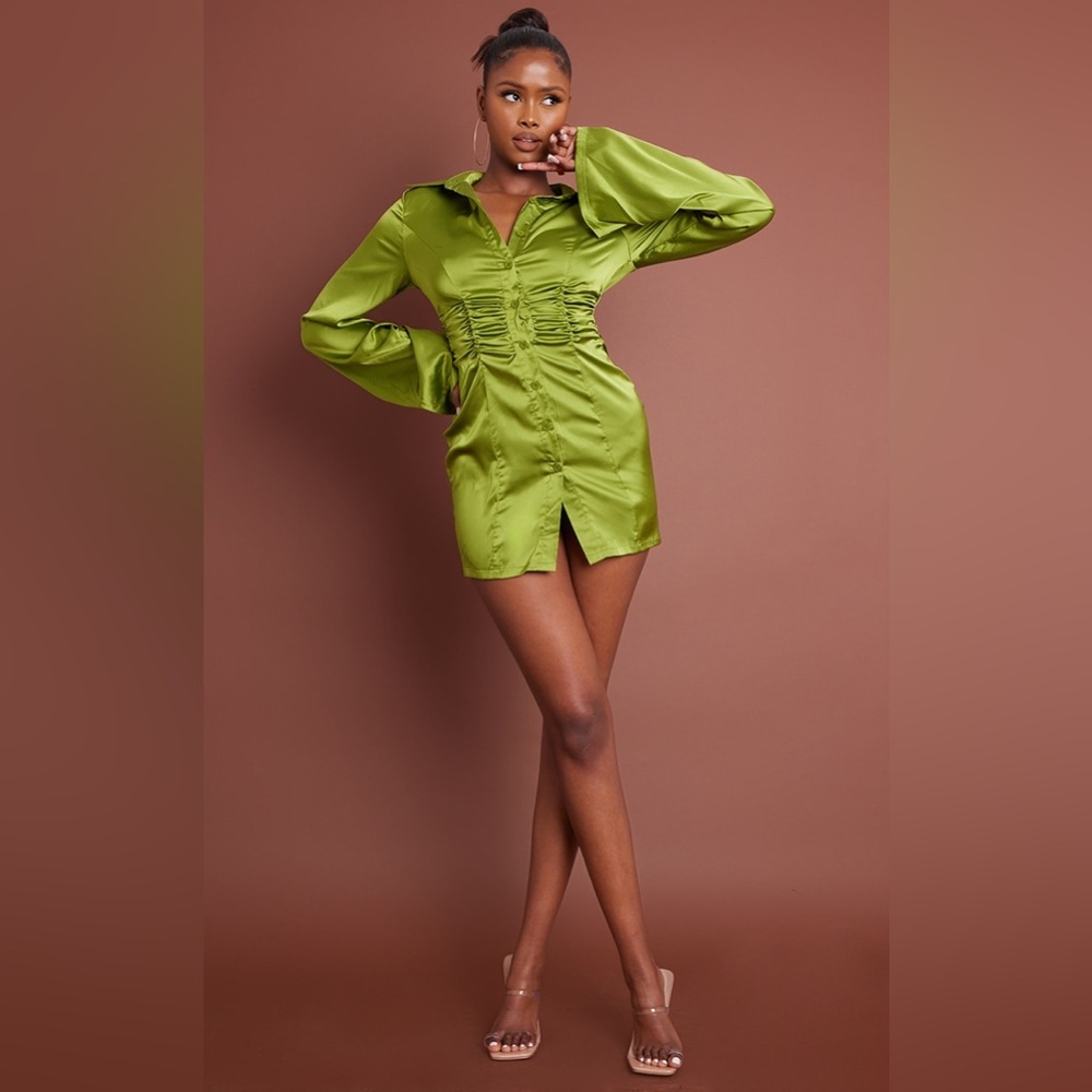 Olive Satin Ruched Waistband Flare Sleeve Shirt Dress